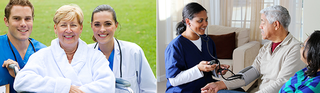 smiling medical staffs and senior couple